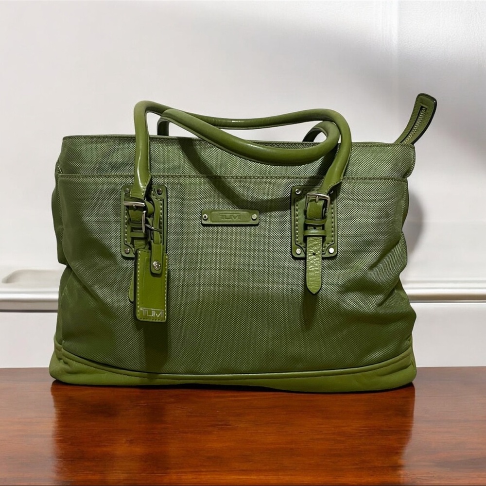 Tumi Rare Ballistic Alpha Leather Two Handle Green Tote Purse Carryon Luggage